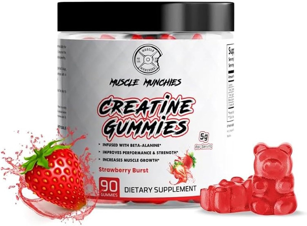근육 Munchies Creatine Chewable Gummies 남자 & 여자에 대 한 베타 Alanine-5g 서빙-Increases 힘, 내구력, & 복구-Vegan, NonGMO (Strawberry Burst)