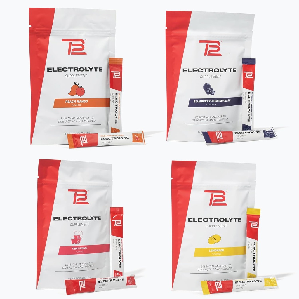 TB12 Tom Brady, 4-Pack Stickpacks (Lemonade, Blueberry Pomegranate, Fruit Punch & Peach Mango), 자연스럽고 쉽게 혼합하여 빠른 수분 공급을위한 전해질 분말. 낮은 설탕, 낮은 칼로리 (60 인분)