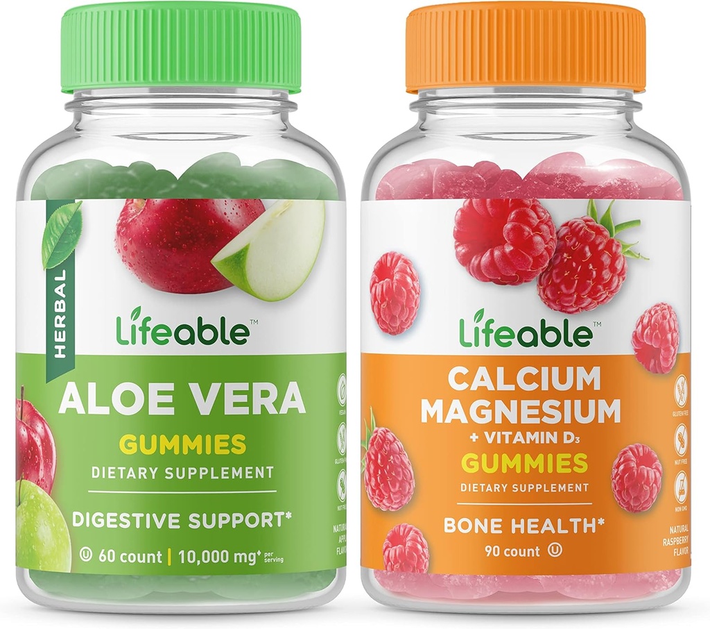 Lifeable Aloe Vera + 칼슘 마그네슘, Gummies 번들 - 훌륭한 타스팅, 비타민 보충, 글루텐 무료, GMO 무료, Chewable