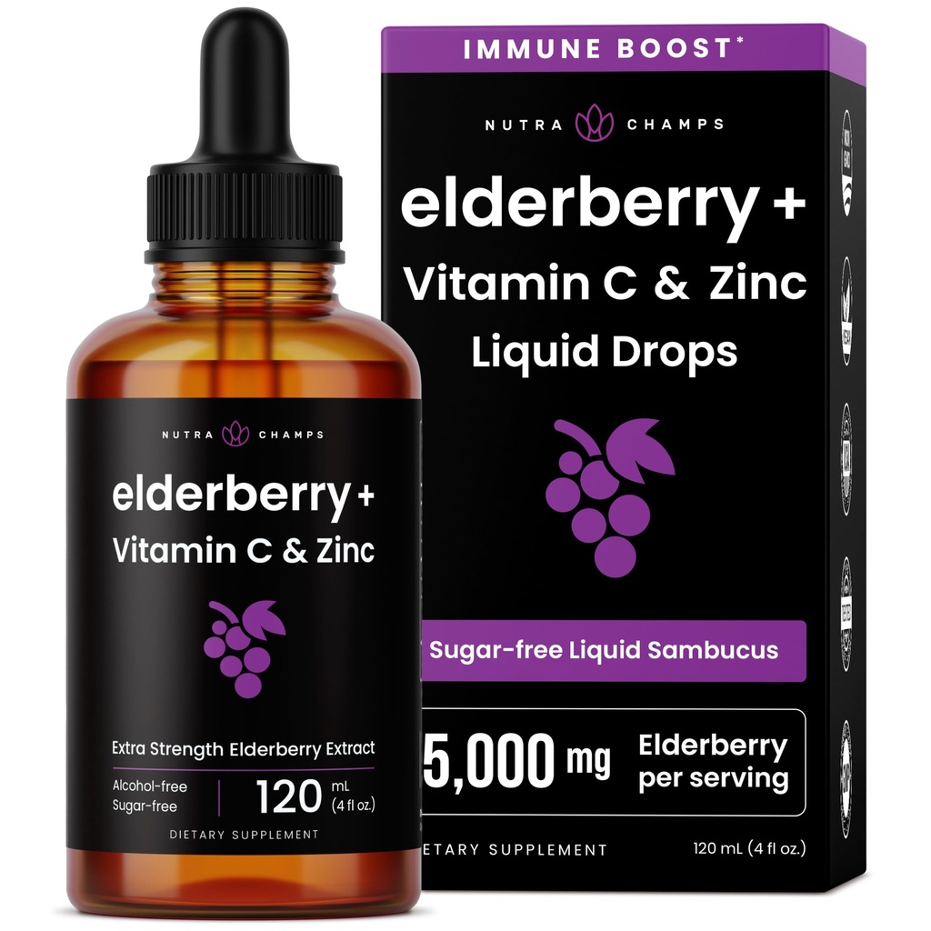NutraChamps 유기 Elderberry Syrup - 비타민 C 및 아연 5000mg Elderberry 추출 - 검은 Elderberry 액체 드롭 - 설탕 무료 면역 부스터, Vegan, 글루텐 프리