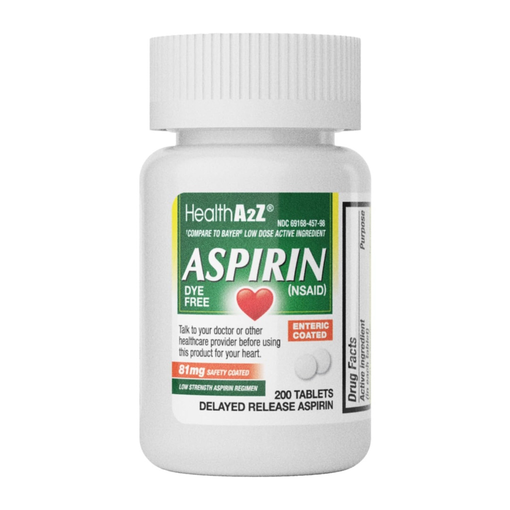 HealthA2Z® Aspirin 81 mg | DYE Free | 저강도 | 200 개 | 통증 완화 | 미노 체 근육 통증 및 주름 감소 | Fever Reducer | 흡진기