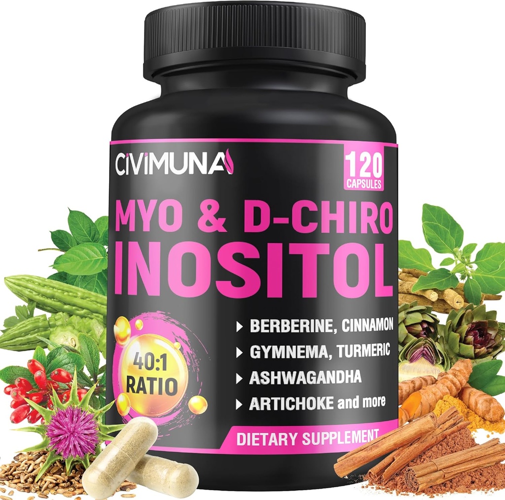 Inositol 보충 - Myo-Inositol 및 D-Chiro Inositol Plus Ashwagandha, Berberine, Cinnamon 및 5 Mores - 120 캡슐