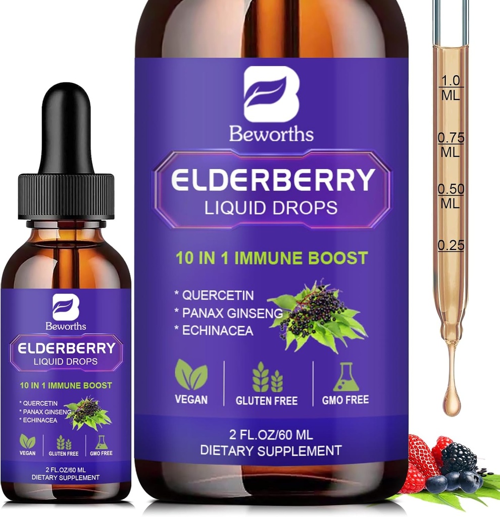 Elderberry Syrup 검정 Elderberry Drops with Quercetin, Panax Ginseng, 비타민 C 및 아연, Sambucus Elderberry Syrup 액체, Vegan, 비 GMO & 글루텐 무료