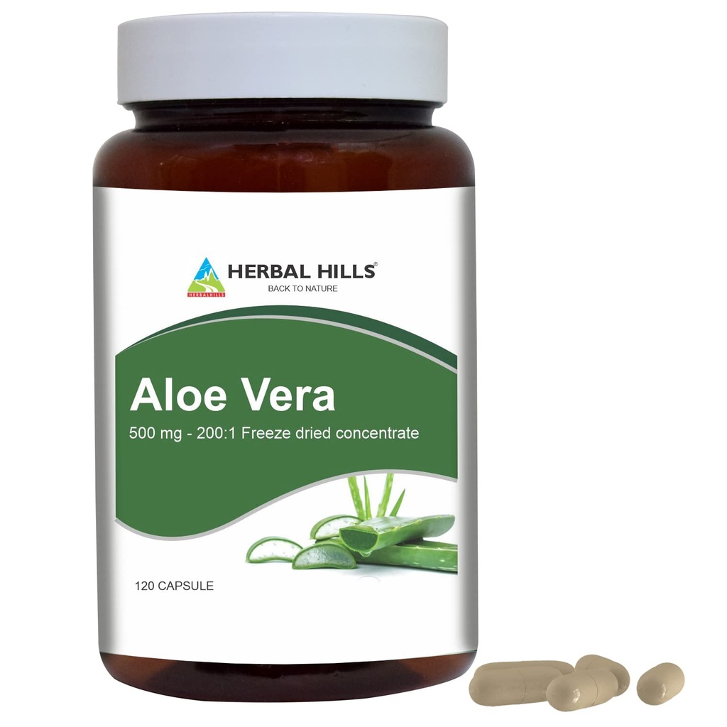 HERBAL HILLS 알로에 Vera 캡슐 (알로에 바바바드) | 120 캡슐 (500 mg) | 순수한 알로에 냉동 건조 분말 보충, 높은 농도, 전체 웰빙 지원