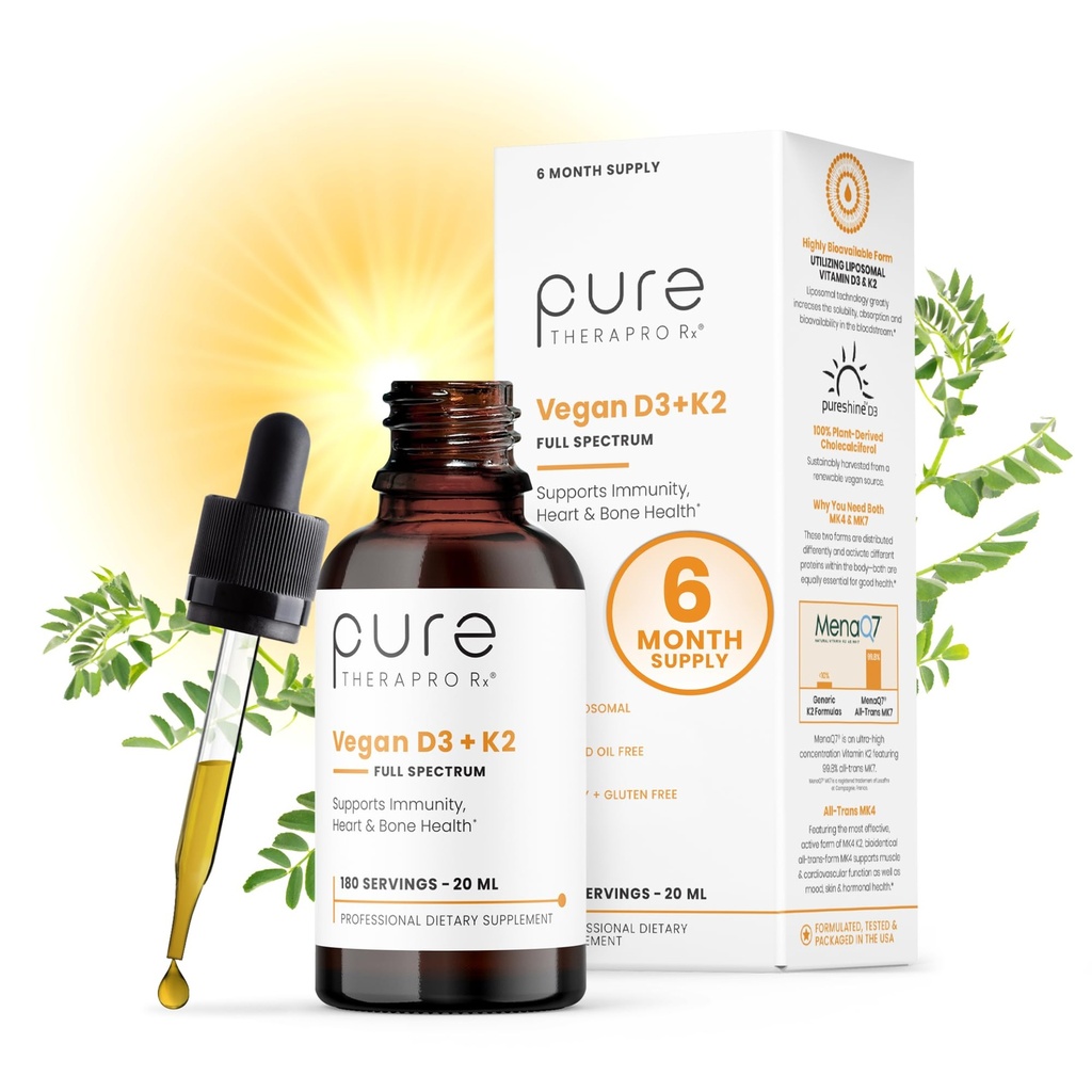 Pure Therapro Rx Vegan D3 + K2 Organic 100 % Liposomal 20ml Made in USA | 6 개월 공급 | 최대 흡수 비타민 D3 및 비타민 K2 보충제 남성 및 여성, D3 비타민 5000 IU
