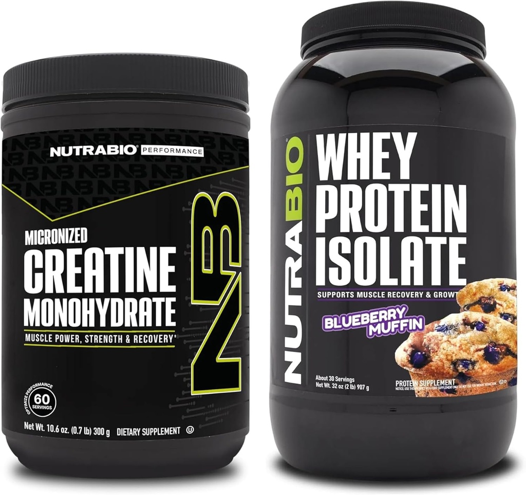 NutraBio Creatine Monohydrate, Unflavored, 300g 및 Whey Protein Isolate, Blueberry Muffin, 보충 번들 - 근육 에너지, Lean 근육 성장, 회복 및 힘