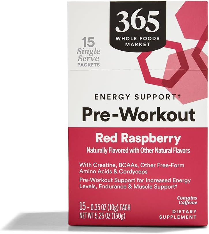 전체 식품 시장의 365, Caffeine, Single-Serve Packets, Red Raspberry, 15 카운트와 사전 운동 에너지 지원
