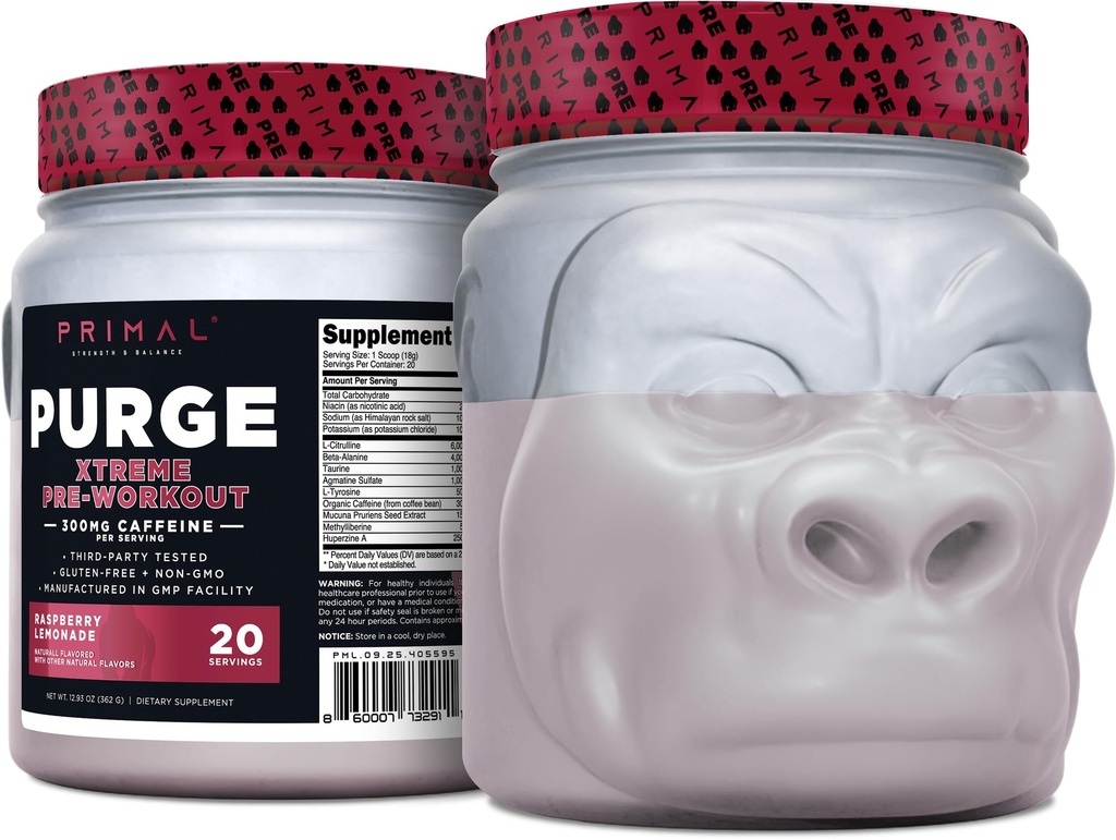 Primal Purge Xtreme Pre-Workout (Raspberry Lemonade 풍미) (20 서빙) - 글루텐 프리 + 비 GMO