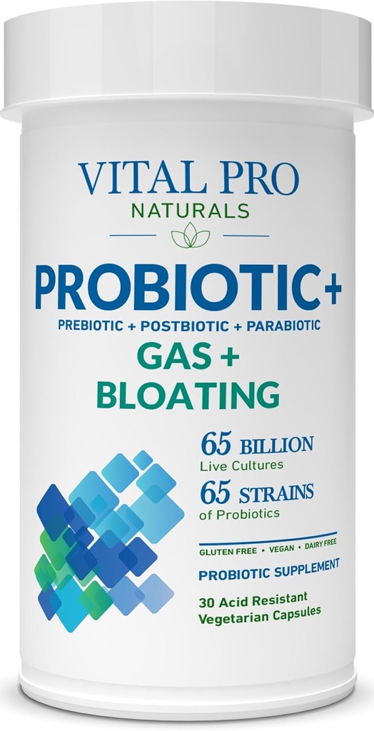 Vital Pro Naturals - Gas & Bloating Probiotics + Prebiotics, Postbiotics, Parabiotics, 4-in-1 성인, 높은 효능, 65 Strains, 일일 소화 및 면역 지원, 30 ct