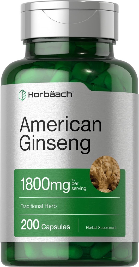Horbäach American Ginseng Capsules | 1800 mg | 200 Count | Non-GMO, 글루텐 프리 보충교재 | 인삼 뿌리 추출물 복합체