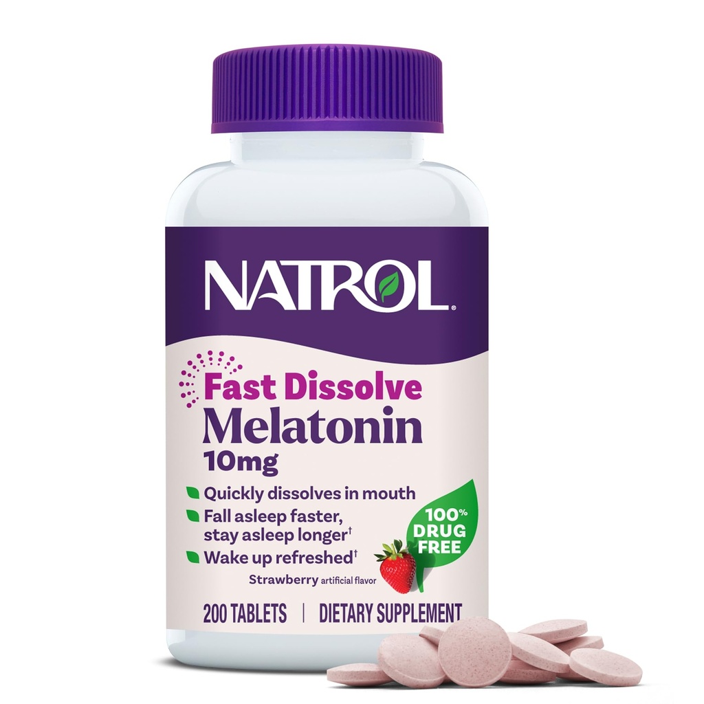 Natrol Melatonin 10mg 빠른 용해 정제 - 딸기 풍미, 200 조사, 수면 지원, 성인을위한 빠른 용해 Melatonin, 200 일 공급