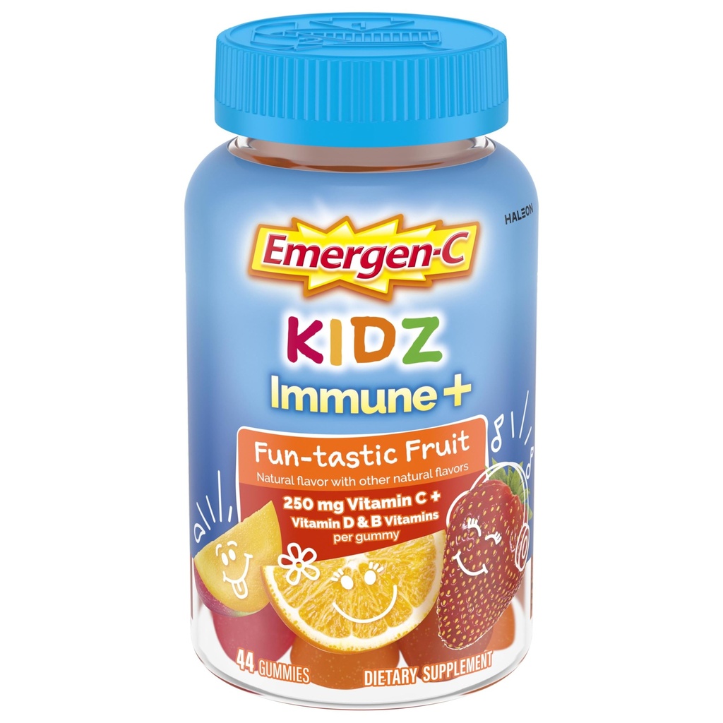Emergen-C Kidz Vitamin C Immune Support Gummies Fun-Tastic Fruit 44CT에는 아연, 망간, B 비타민 및 비타민 D가 포함되어 있습니다.