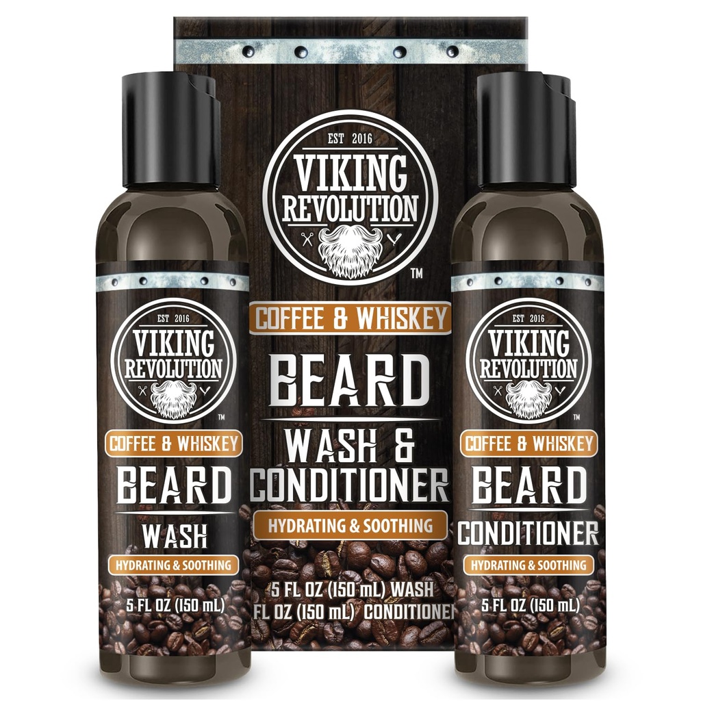 Viking Revolution은 Argan Oil 및 Jojoba Oil- Beard Softener 및 Strengthener Beard Care Beard 샴푸와 Ginseng Root(5oz, Coffee Whiskey)와 함께 남성용 워시드와 Beard Wash 및 Beard 컨디셔너를 제공합니다.