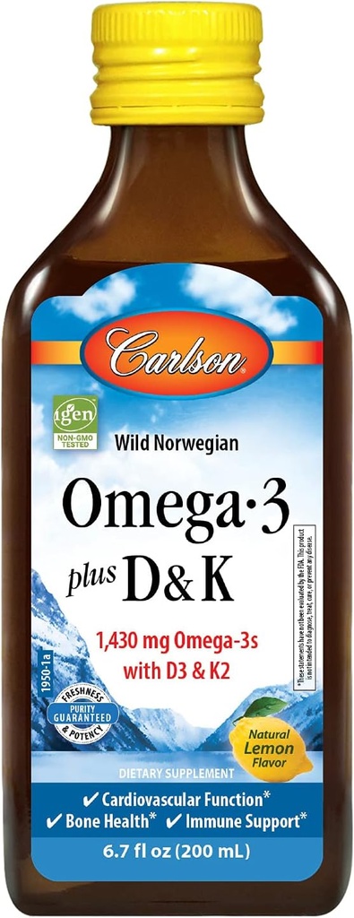 Carlson - Omega-3 + D & K, 1430 mg omega-3s, 2000 IU (50 mcg) D3, 90 mcg K2 MK-7, 심장 건강, 뼈 지원, 레몬, 200 mL