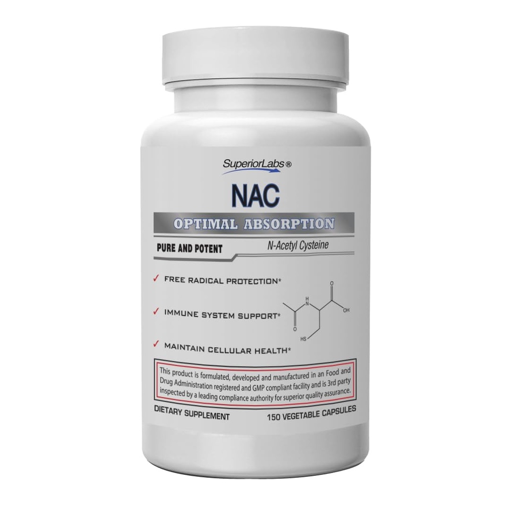슈페리어 랩 NAC (N-Acetyl Cysteine) 1,200mg, 150 식물성 캡슐, 셀레늄, 무료 레이디얼 보호, 일반 면역 시스템 기능, 세포 건강을 유지