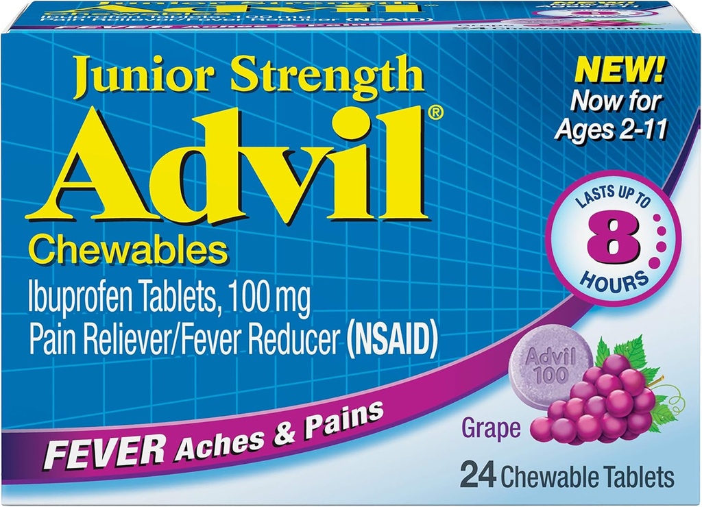 Advil Junior Chewable Ibuprofen 정제, 포도 100mg의 24의 정제 각 (6의 포장)