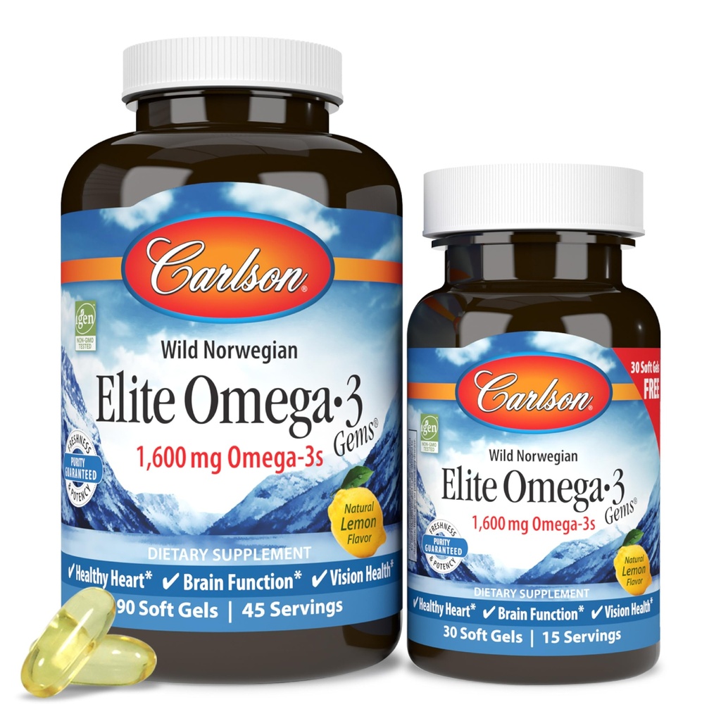 Carlson - 엘리트 Omega-3 주옥, EPA와 DHA, Norwegian, 야생 잡초 생선 기름 보충교재를 포함하여 1600 mg Omega-3 지방산, 확실히 Sourced 캡슐, 레몬, 90+30 Softgels
