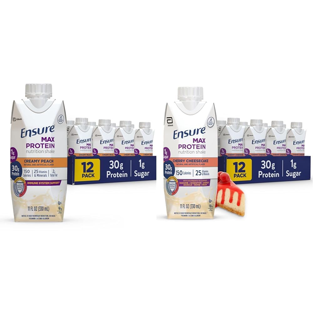 30g Protein, 1g Sugar, High Protein Shake, Creamy Peach 및 Cherry Cheesecake Variety Pack, 11 fl oz, 12 팩을 사용하여 최대 단백질 영양 셰이크를 보장합니다.
