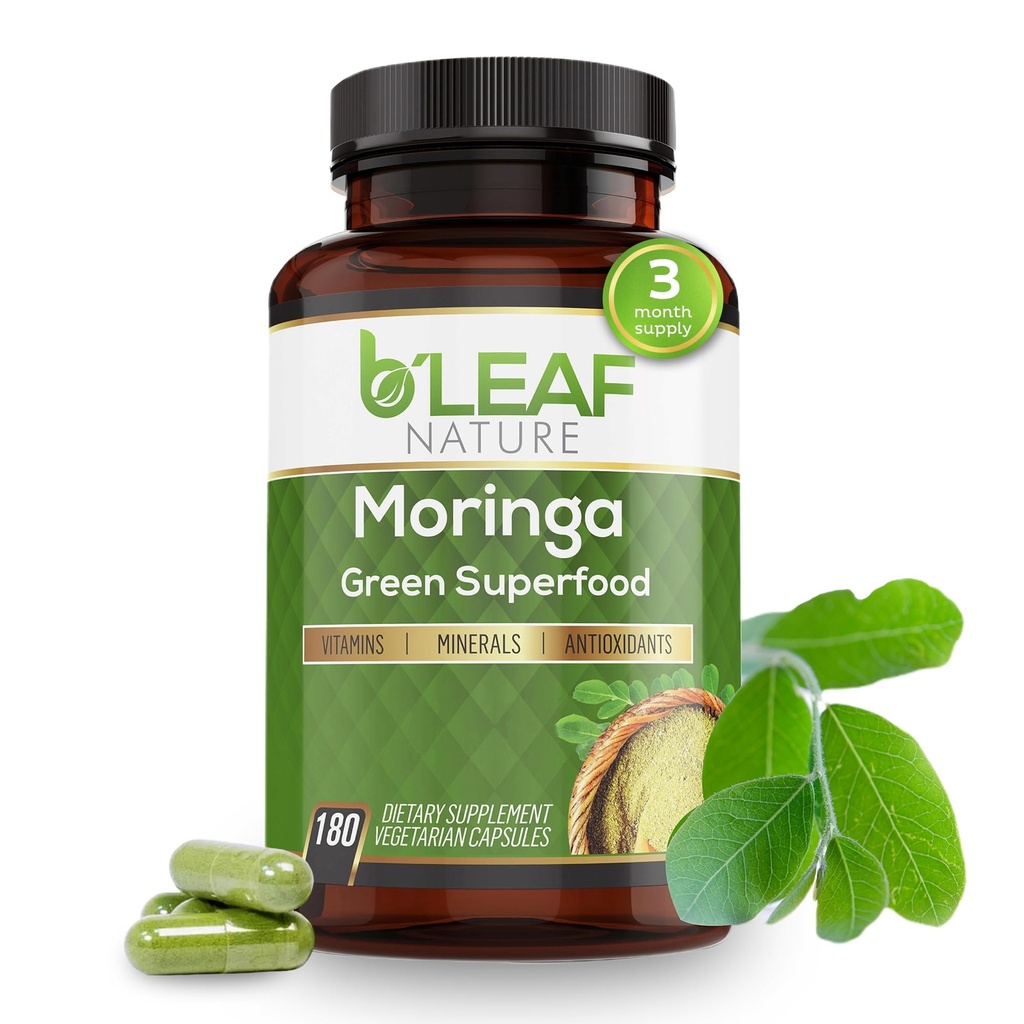 B'LEAF NATURE Organic Moringa 캡슐 1000mg, 180 카운트 - 면역 지원, 에너지 및 균형을위한 유기 Olefeira 분말을 가진 Moringa 캡슐 - 채식주의자, 매일 웰빙을위한 비 GMO 보충제