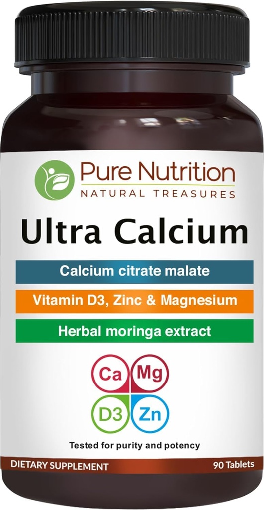 VIT D3 + K2를 가진 순수한 영양 매우 칼슘 1000mg | 90 탭 | 칼슘 Citrate Malate, VIT D3, K2, Moringa Oleifera, 마그네슘 및 아연을 가진 높게 흡수가능한 칼슘 보충교재.