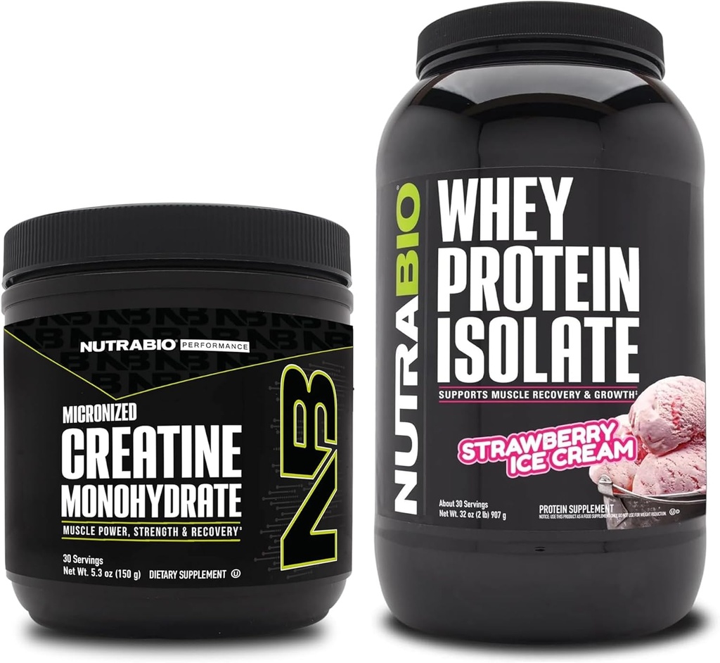 NutraBio Creatine Monohydrate, Unflavored, 150g 및 Whey Protein Isolate, Strawberry Ice Cream, 보충 번들 - 근육 에너지, Lean 근육 성장, 회복 및 힘