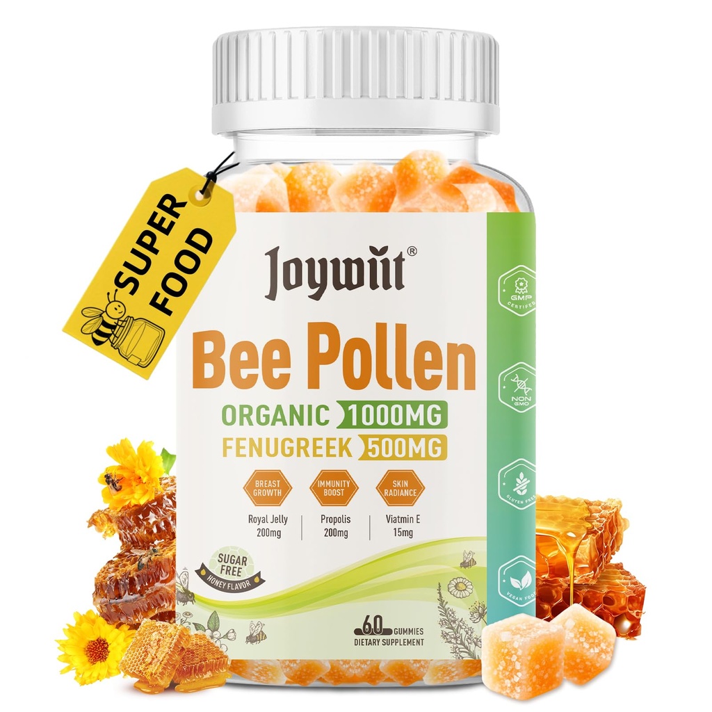 비 오염 1000mg 설탕 무료 Gummies, w / Fenugreek, Royal Jelly, Propolis, 여성을위한 유기 꿀벌 오염 수성 보충, 비타민 E, 면역력 및 피부 관리, 60 조사