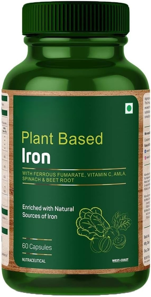 Ferrous Fumarate, 비타민 C, Spinach & Beet Root를 함유 한 식물 기반 철 - 60 캡슐