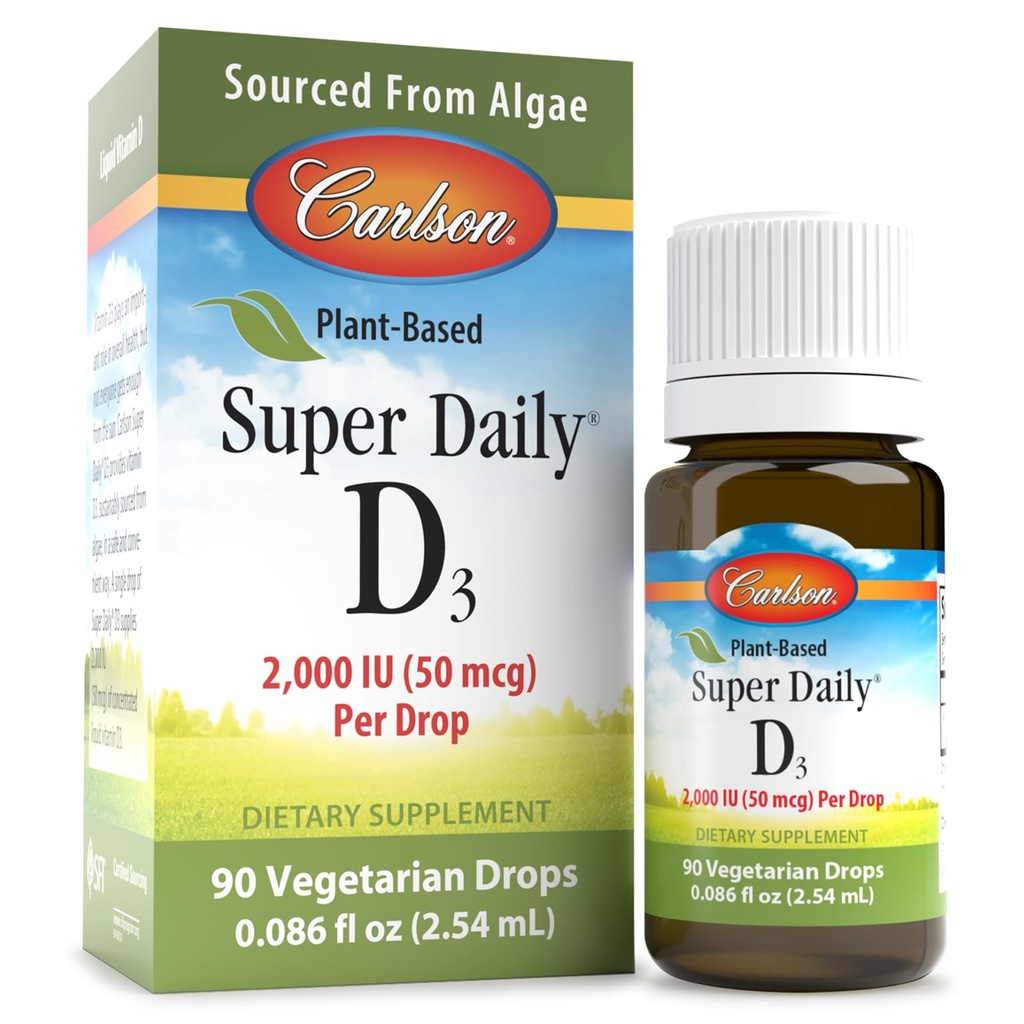 칼슨 - 식물 기반 슈퍼 매일 D3 2000 IU (50 mcg) 드롭 당, 채식 비타민 D 드롭, 액체 비타민 D3, 조류에서 소스, 불꽃, 90 드롭 (2.54 mL)