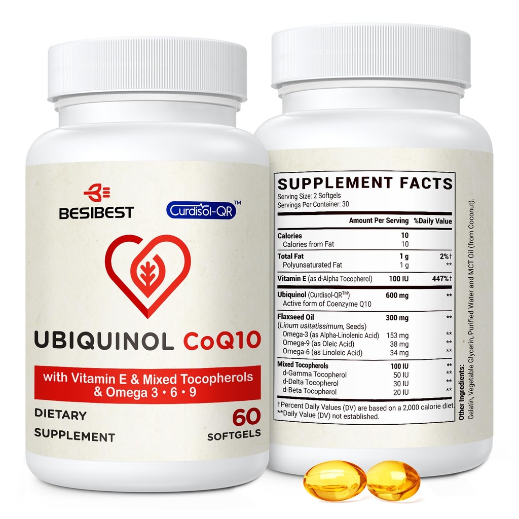 Besibest Ubiquinol CoQ10-600mg-Softgel, 비타민 E & Omega 3, 6, 9, 높은 흡수 이산화탄소 Q10, 에너지 생산을 위한 강력한 산화 방지제, 시험되는 60 조사를 가진 활동적인 Coq10 Ubiquinol 보충교재