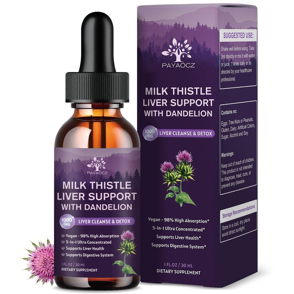 (2개의 팩) 우유 이틀 액체 하락 Silymarin 1000mg의 간결 보충교재 Detox & Dandelion & Artichoke, 지원 수선 간 건강, Vegan, 비 GMO, 1개 Fl Oz를 위한 우유 이틀 유기 추출물을 가진 세척