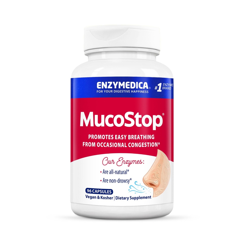 Enzymedica, MucoStop, Natural Enzyme Supplement, Seasonal 또는 Occasional Congestion, 쉬운 호흡 지원, 96 조사