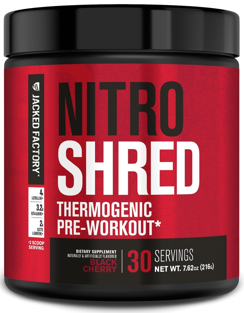 Jacked Factory NITROSURGE Shred Pre 운동 보충교재 - 에너지 부스터, 즉시 힘 이익, 샤프 초점, 강력한 펌프 - Nitric 산화물 부스터 & PreWorkout 분말 - 30Sv, 까만 버찌