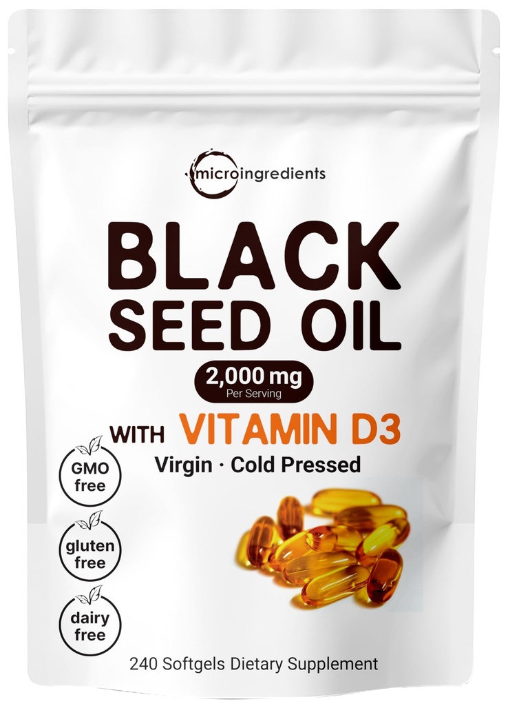 마이크로 성분 비타민 D3 1000 IU, 240 Softgels를 가진 까만씨 기름 2000 mg | 찬 압박되는 - 이집트, 처녀 기름, 무취, 비 GMO & 글루텐에서 Nigella Sativa 알약