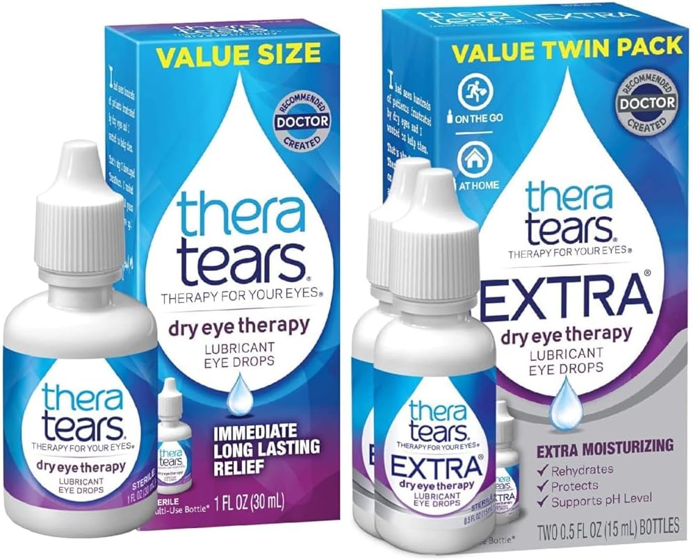 TheraTears는 건조한 눈, 1.0 Fl Oz & 여분 건조한 눈 치료를 위한 눈 강하, 0.5 fl oz 병, 2개의 조사 (1의 포장)를 위한 눈 강하를 기름을 바르는 눈 치료 눈 강하를 말립니다