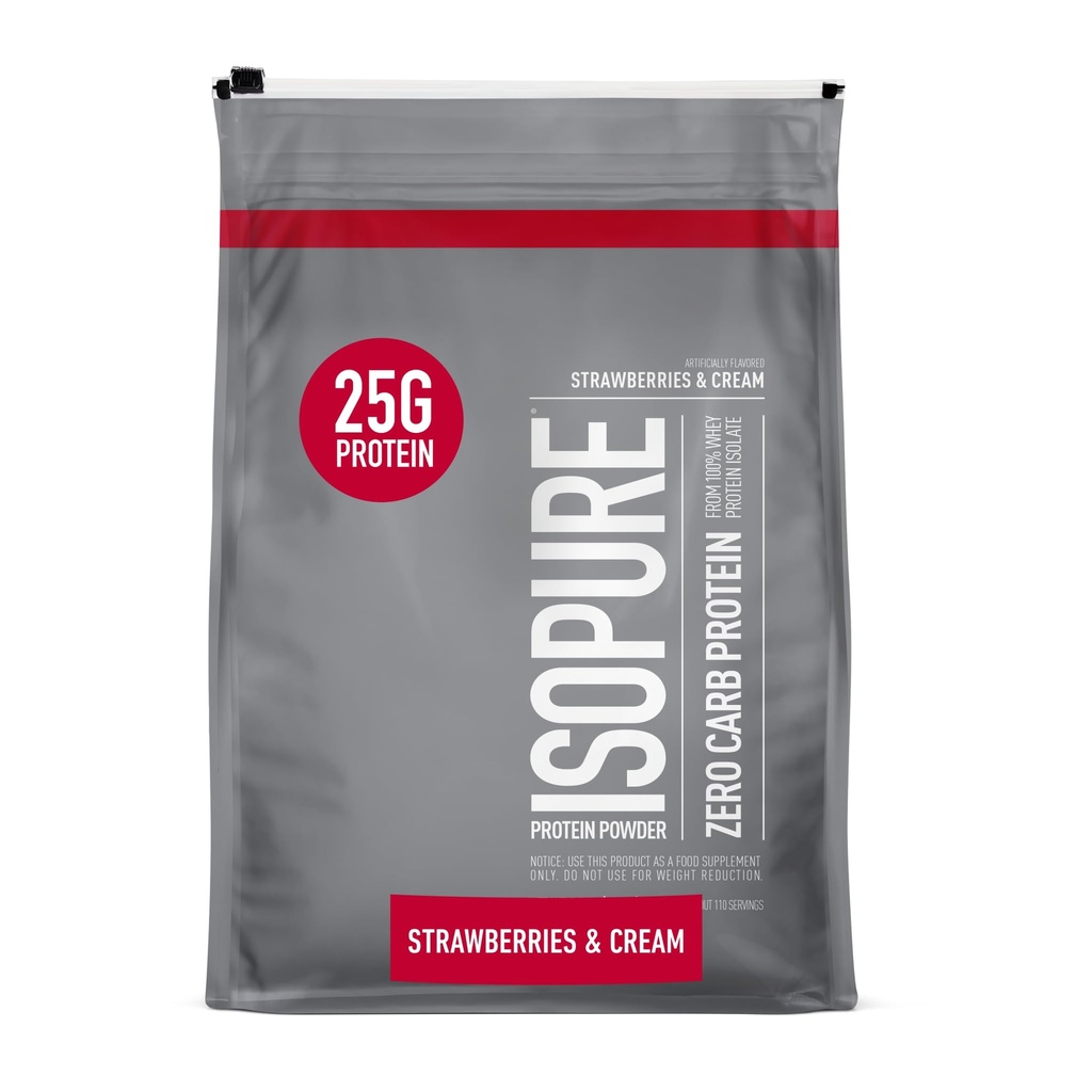 Isopure Zero Carb 100 % 순수 Whey Isolate Protein Powder, Lactose Free, Gluten Free, 비타민, 딸기 및 크림, 25g Protein Per 서빙 당 7.5 Lbs, 110 서빙 (5 월 Vary)