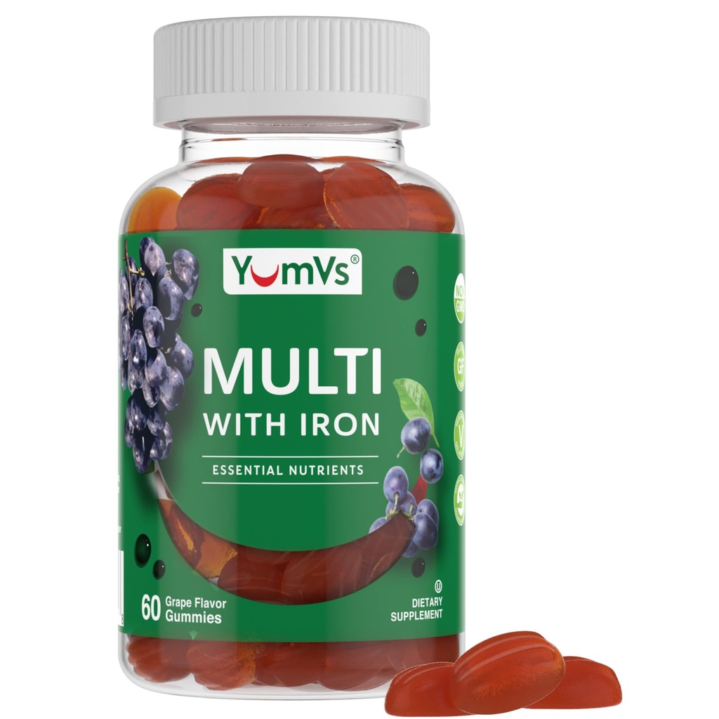 YUM-V'S Iron Gummies - 비타민 C, A, B 및 아연을 가진 Multivitamin Iron Supplement는, 혈액 산소를 지원하고, 성장과 발달을 위한 여자, 남자 & 아이를 위한 채식주의자 보충교재를 지원합니다 - 포도 풍미 | 60 조사