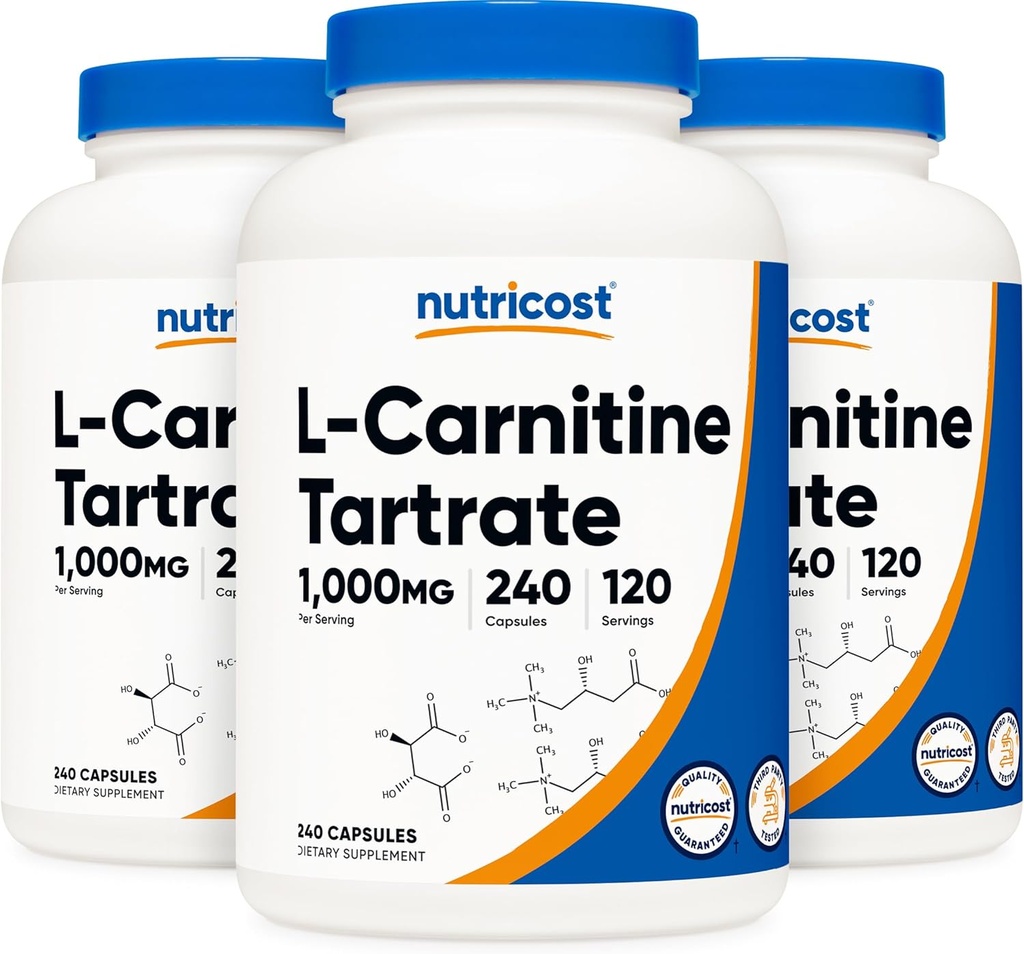 Nutricost L 카르니틴 트레이트 500mg, 240 캡슐 - 1000mg 서빙 (3 병)
