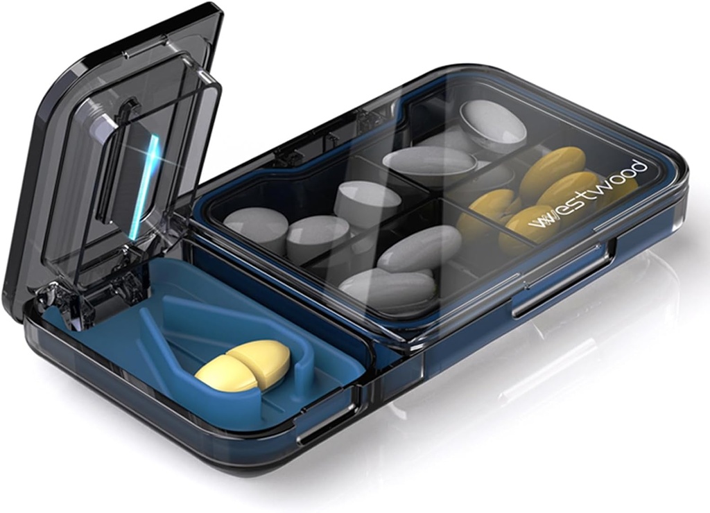 Pill 커터 스플리터와 함께 여행 Pill 주최자, 4 Compartments Pill 케이스, 포켓 지갑을위한 작은 Pill 상자, 비타민 Cod Liver 오일 보충제를 보유하는 매일 Pill 컨테이너, 의학 Planner (블랙)