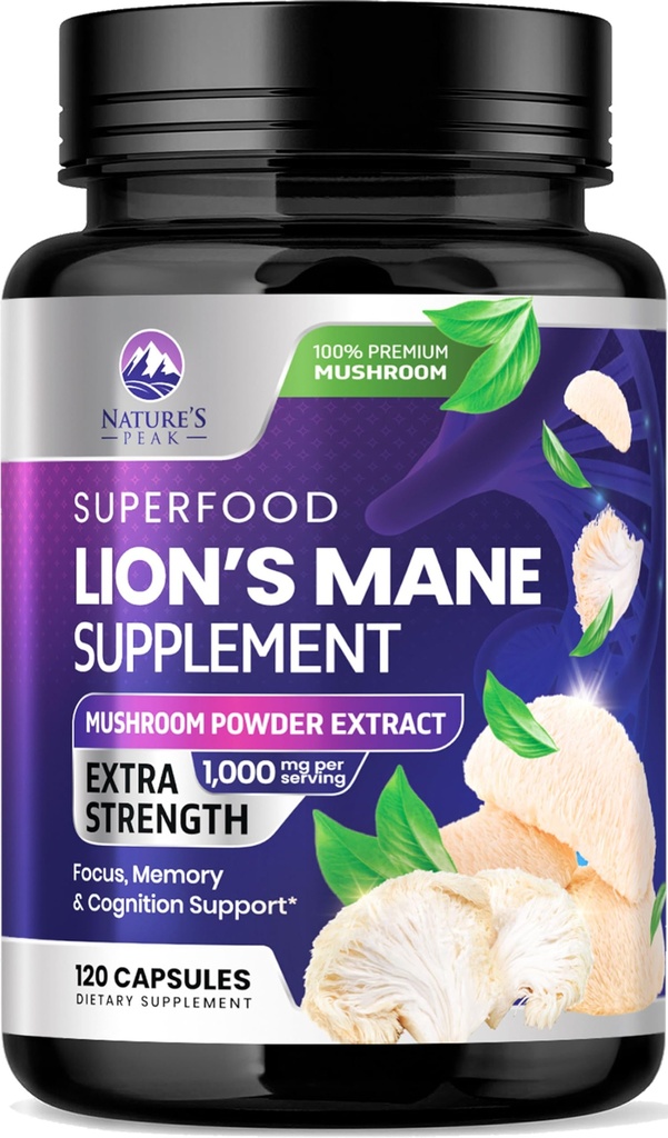 Lions Mane Mushroom 캡슐 10,000mg - 메모리 및 초점 지원, 두뇌, 면역 건강 지원, Vegan, 미국, 사자 Mane 버섯 분말 추출물, 120 조사를 위한 사자 Mane 보충교재 캡슐