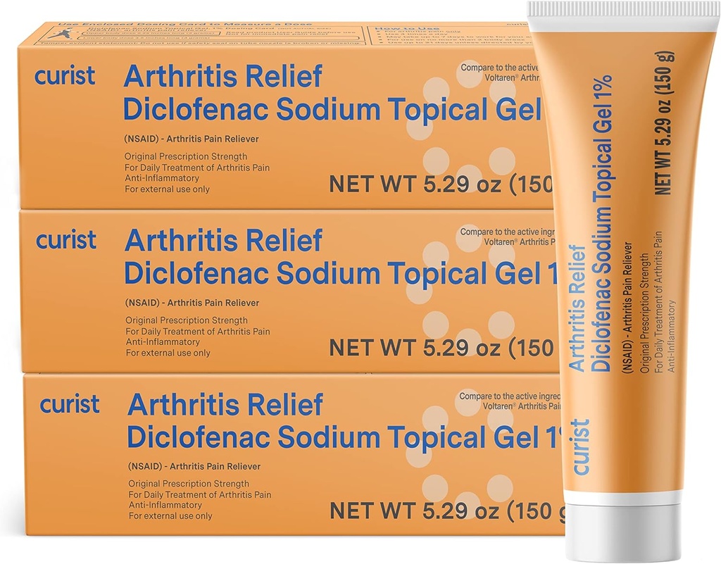 Curist Diclofenac Arthritis 크림 젤 1% (3개의 관 150g) - 손목, 발, 팔꿈치, & 발목에 있는 고통을 멈추십시오. 손 관절염 통증 완화 및 무릎 관절염 통증 완화 (3 팩, 5.29 oz ea.)