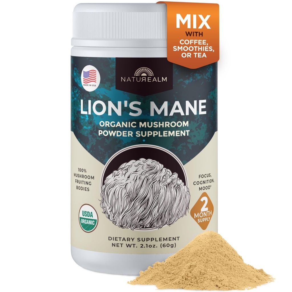Naturealm Lion 's Mane Mushroom Powder - Focus Memory Mental Clarity 용 유기 두뇌 지원 - Non GMO Cognitive Function - 60 서빙