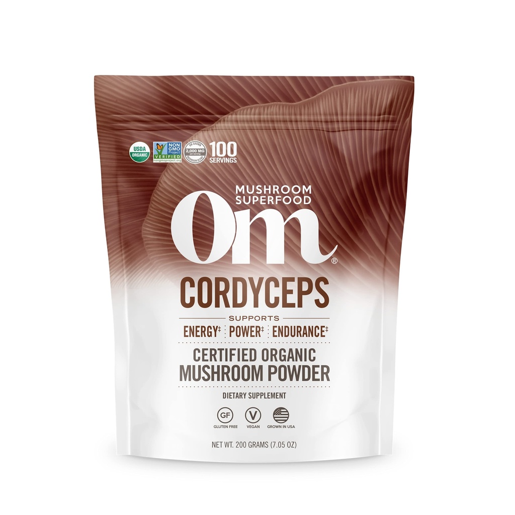 OM 버섯 Cordyceps 분말 7.05 온스 (100 인분) - 유기, 비건, 비 GMO, 글루텐 - 무료 - 에너지, 체력 및 내구력 지원 - 스포츠, 성능, 스무디 및 차를위한 Adaptogenic Superfood