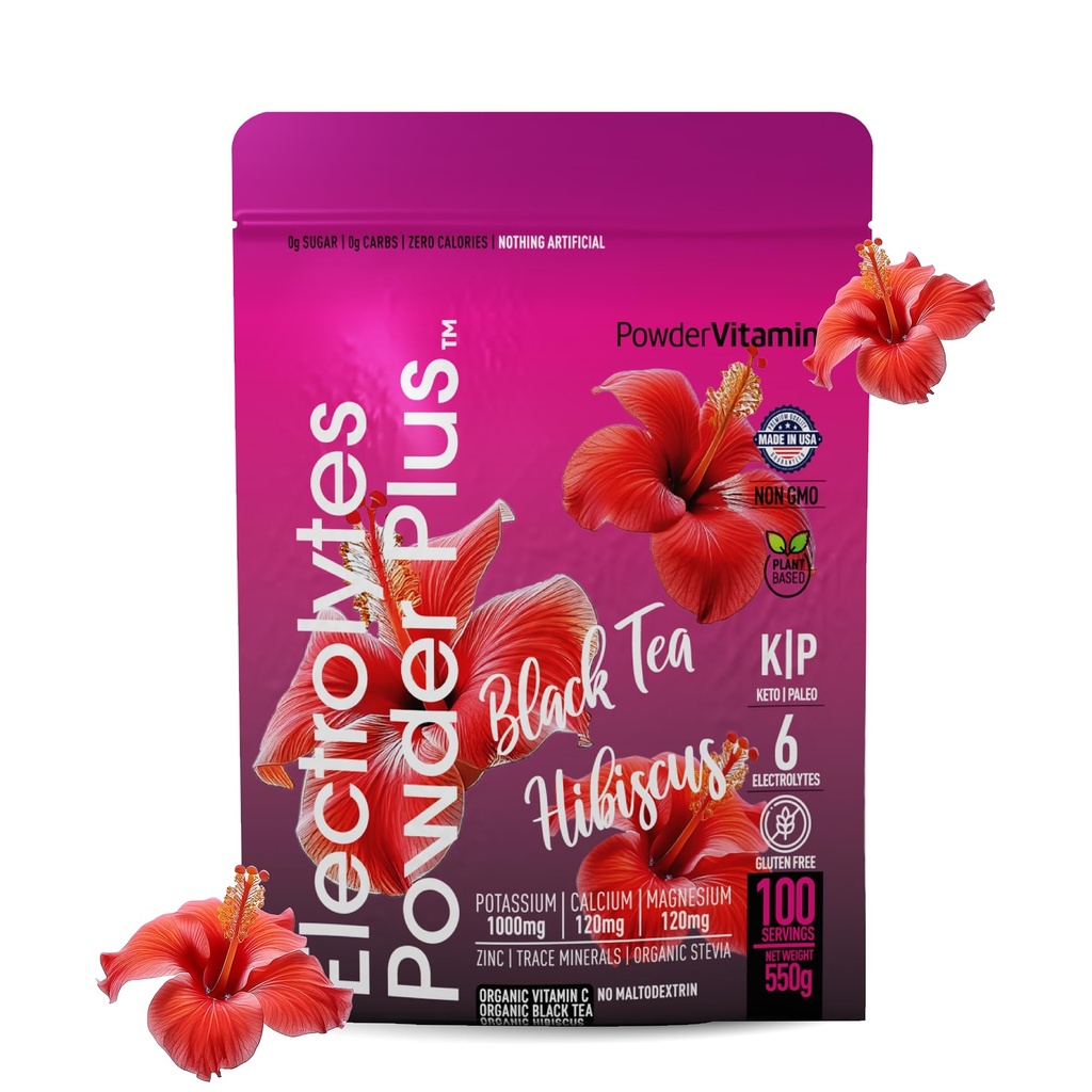 PowderVitamin Electrolytes 분말 플러스 (100 인분) 검은 차 Hibiscus Electrolyte 분말 Keto, 설탕 무료, 핑크 Himalayan 소금, 1000mg 칼륨, 120mg 칼슘, 120mg 마그네슘, 하이드로 션 분말