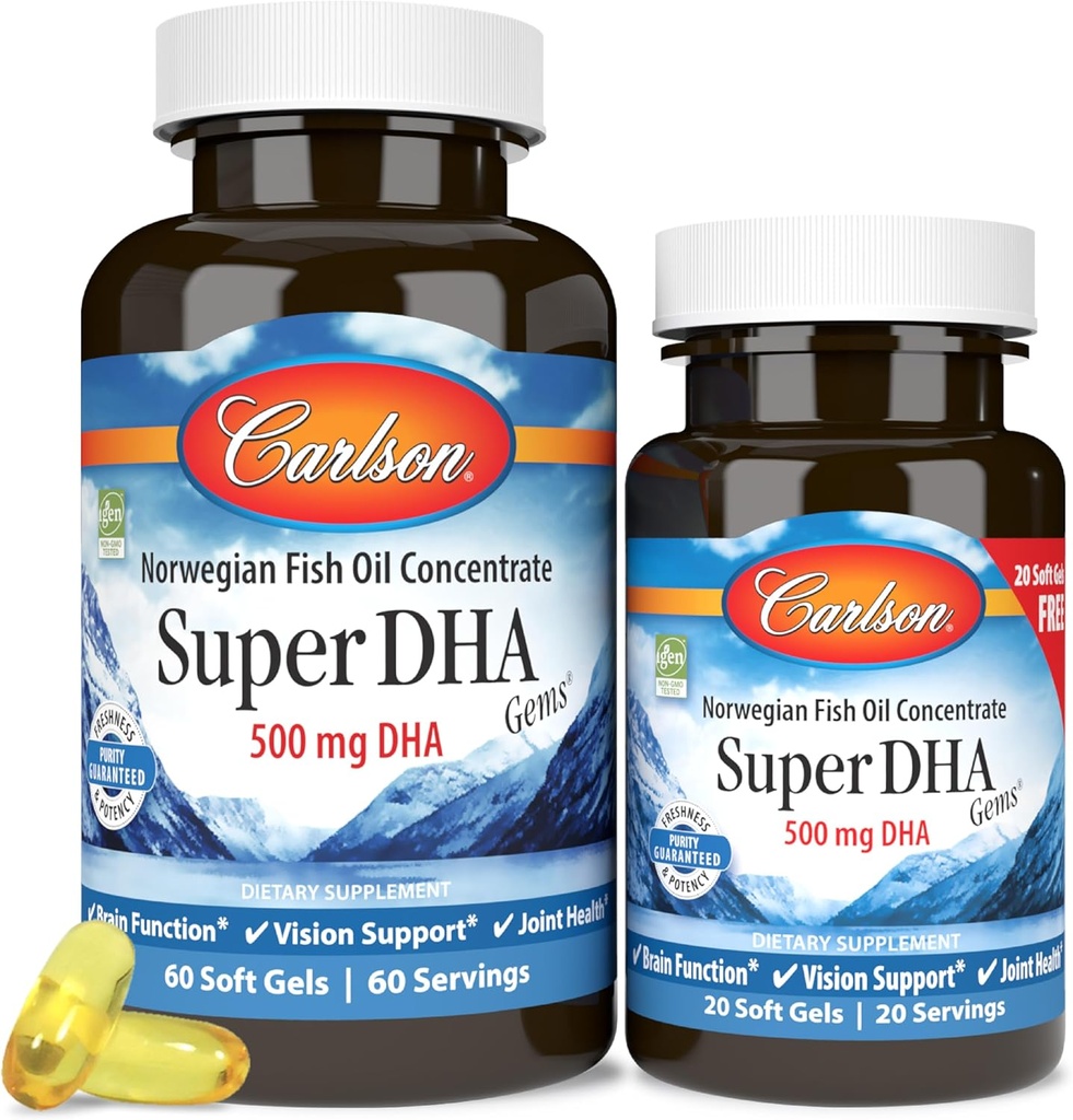 Carlson - 슈퍼 DHA Gems, 500 mg DHA 보조 식품, 640 mg 지방산, 야생 겁에 질린 노르웨이 Arctic Fish Oil Concentrate, 지속 가능한 Sourced Nordic Fish Oil 캡슐, 60 + 20 Softgels