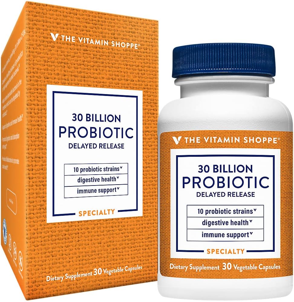 비타민 Shoppe Probiotic Delayed Release 30 억 - 소화, 면역 및 질 건강 또는 Yeast Imbalance를 지원하는 10 Probiotic Strains와 함께 - 선반 안정 (30 Veggie Caps)