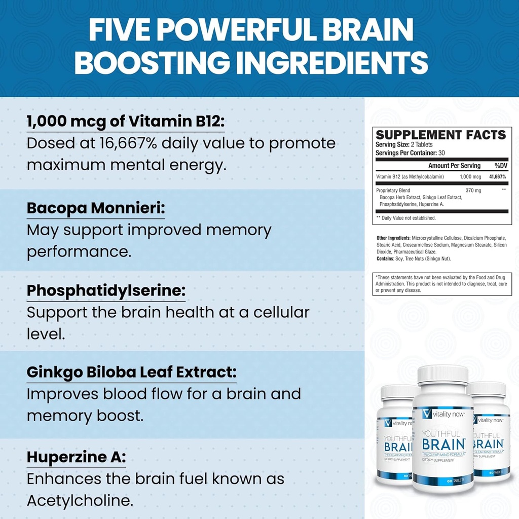젊음 뇌 | 기억 & 두뇌 건강 지원은 Bacopa Monnieri, Ginkgo Biloba, B12와 보충 - 삼중 정제에 쉬운 - 30 일 공급 (60 개)