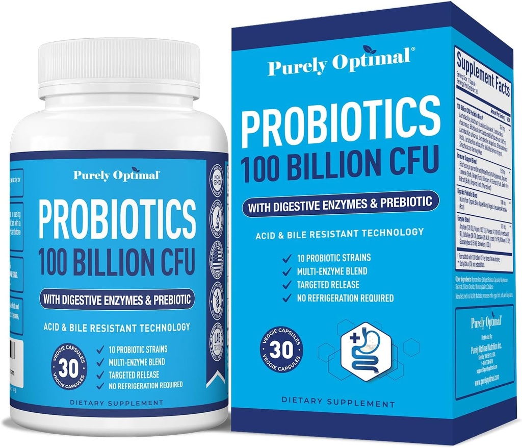 Purely Optimal Premium Probiotics (Various Type) w/Organic Prebiotics & Digestive Enzymes (30 개 팩 1), 100 억 CFU)