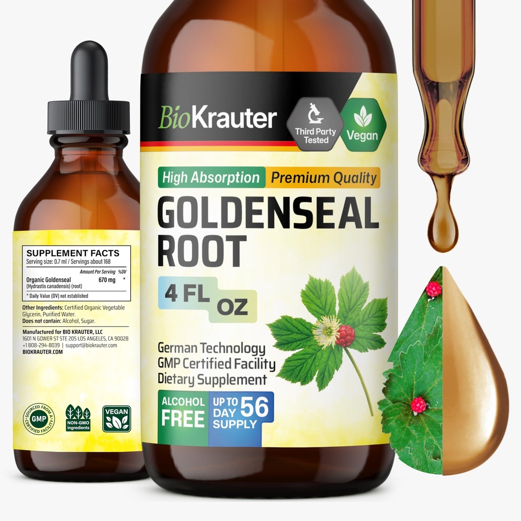 BIO KRAUTER Goldenseal Tincture - Vegan Lung Cleanse & Detox - 골든 씰 허브 보충 - 알코올 및 설탕 무료 드롭 - 4 Fl.Oz.