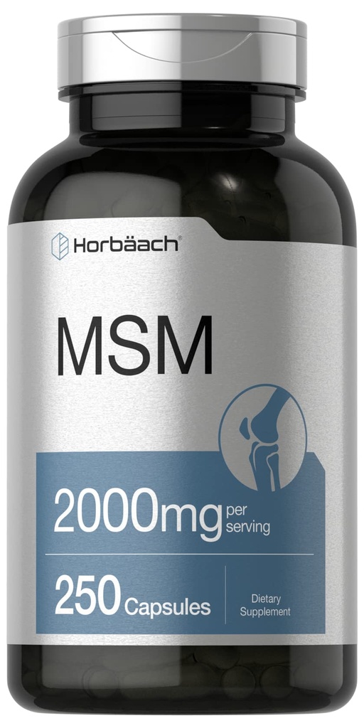 Horbäach MSM 보충교재 캡슐 | 2000mg | 250 조사 | Non-GMO와 글루텐 자유로운 공식 | Methylsulfonylmethane