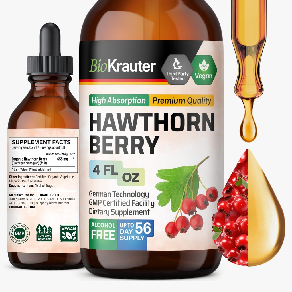 BIO KRAUTER Hawthorn Berry Extract Tincture - 천연 Hawthorne Berry 보충 - 100 % 순수 포뮬러 - Vegan Sugar & Alcohol Free - 4 Fl. Oz. - 56 공급의 날